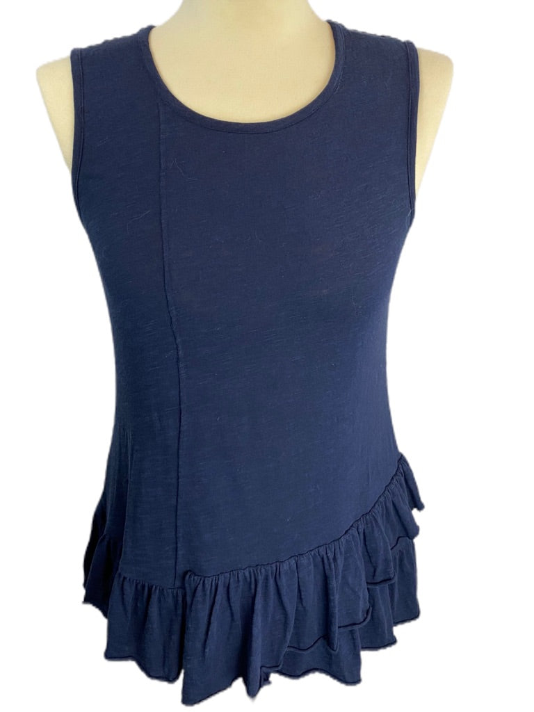 XS DG2 Diane Gilman Navy Blue Ruffle Hem Sleeveless Tshirt Tank Tunic Length