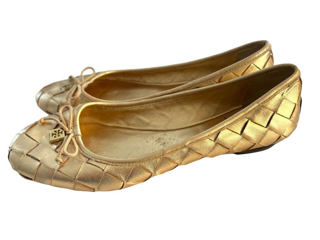 8.5 M Tory Burch Prescot Woven Ballet Flat Metallic Gold