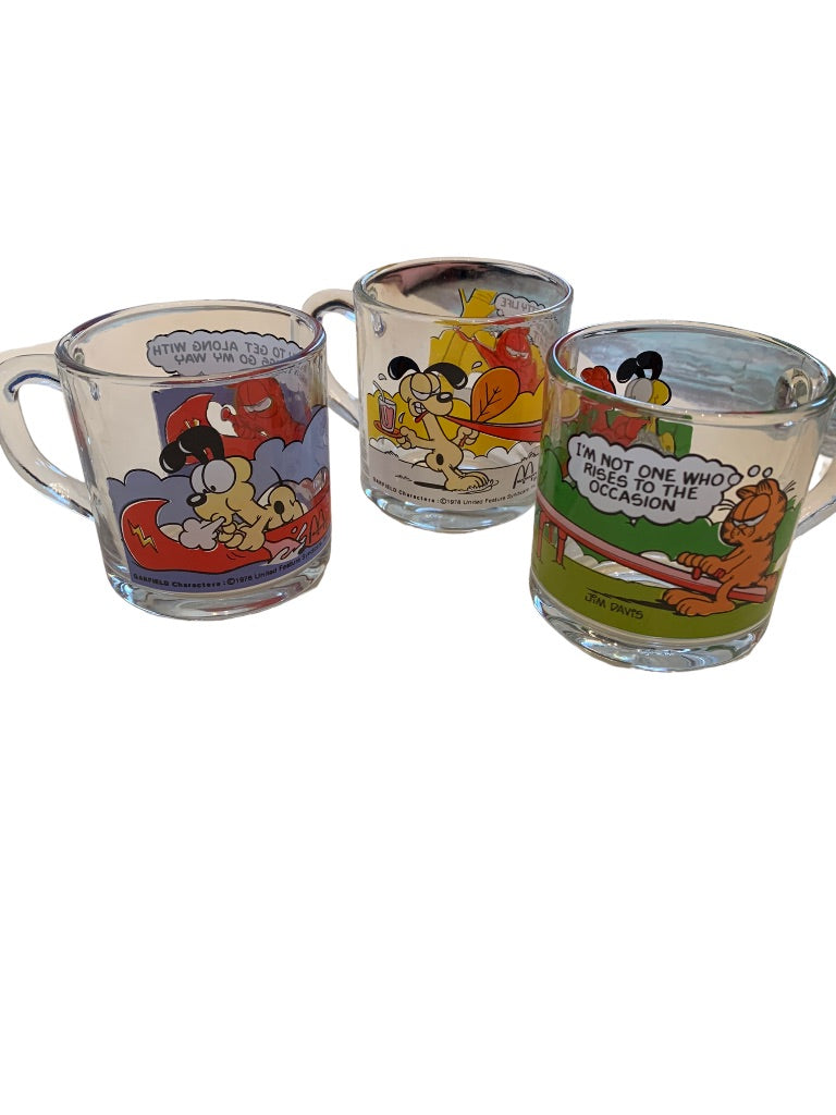 Set of 3 Vintage 1978 Garfield Mugs McDonalds Glass Anchor Hocking