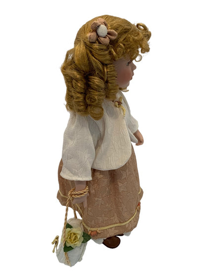 Vintage Porcelain Doll Victorian Girl Dress Style 16.5" h with Stand Strawberry Blonde Curls