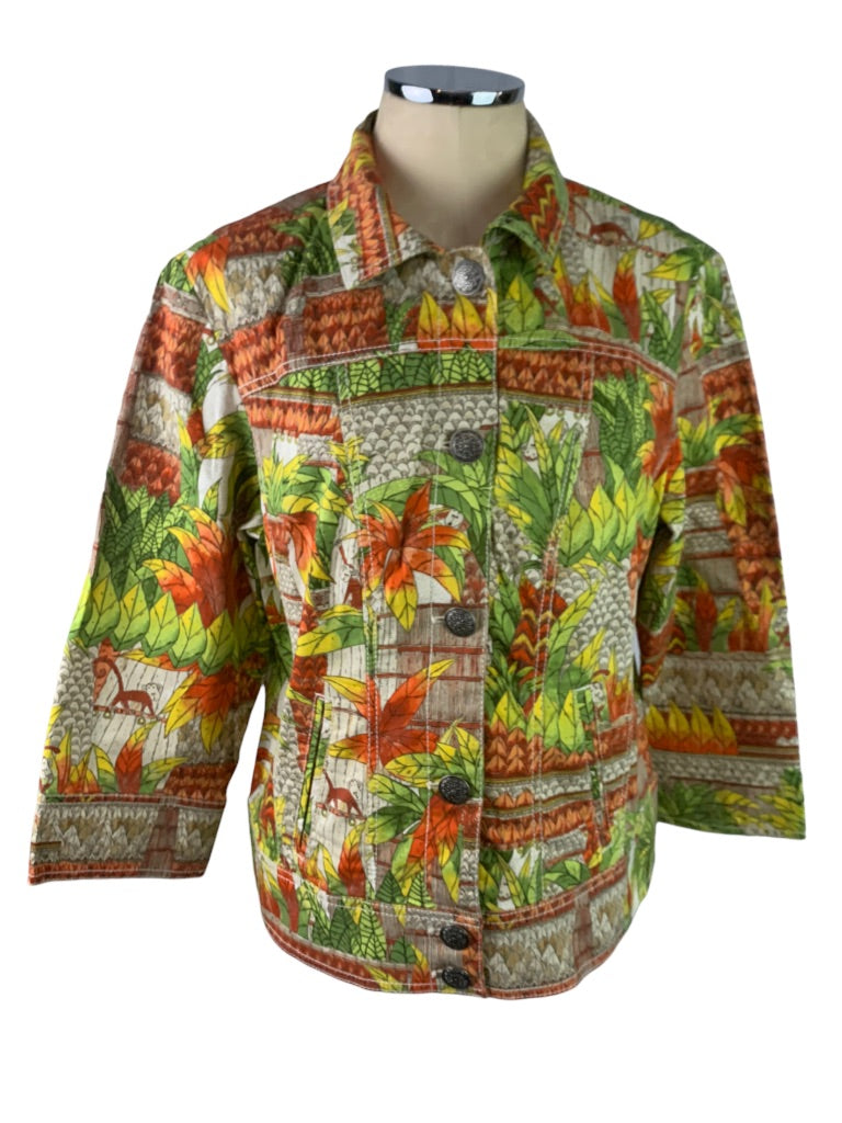 Large Chico's (Size 2) Button Up Collared Jacket Tropical Print Cotton Stretch