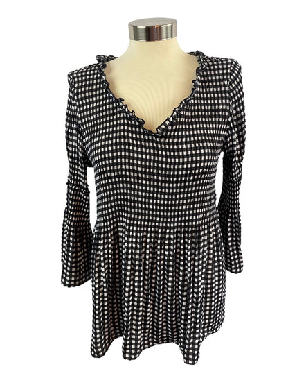 Large Charlie B. Women's Black White Gingham Flounce Blouse V-Neck