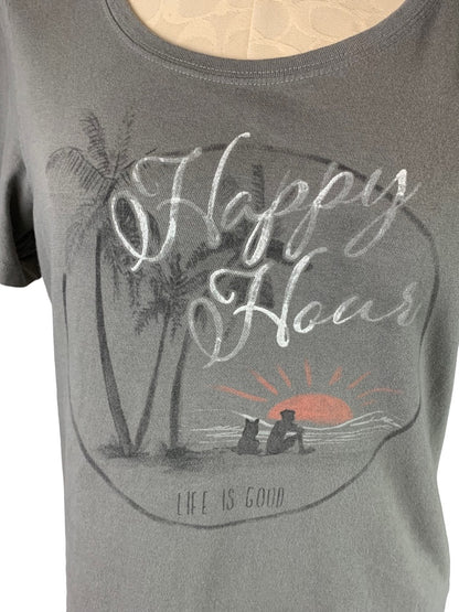 Medium Life is Good Women's Gray Short Sleeve TShirt "Happy Hour"