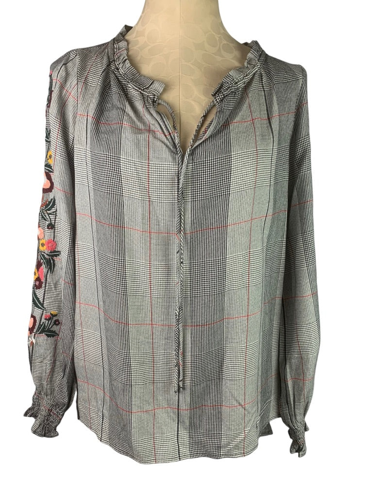 XS Curations Women's Plaid Peasant Blouse Embroidered Beaded Sleeve Pullover