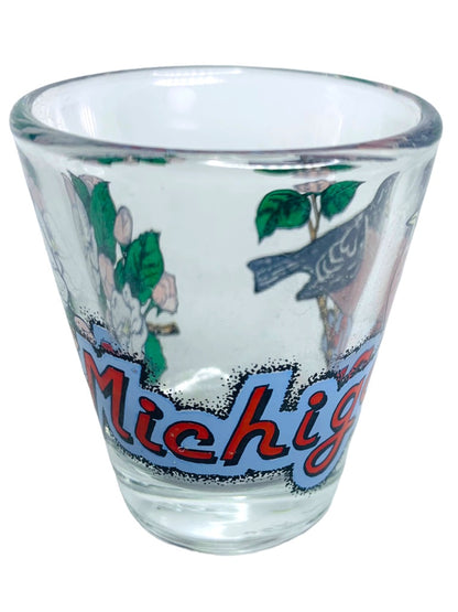 Michigan Souvenir Shot Glass State Bird Robin Apple Blossom Flower Barware