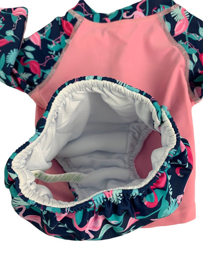 6 Months i play. Girls Two Piece Swimsuit Built-In Diaper Flamingo Long Sleeve