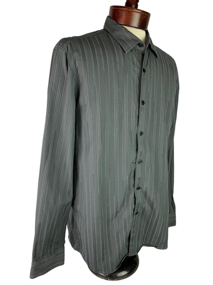 Large Kenneth Cole Men's Button Up Dark Gray Contrast Stitch Stripe Dress Shirt