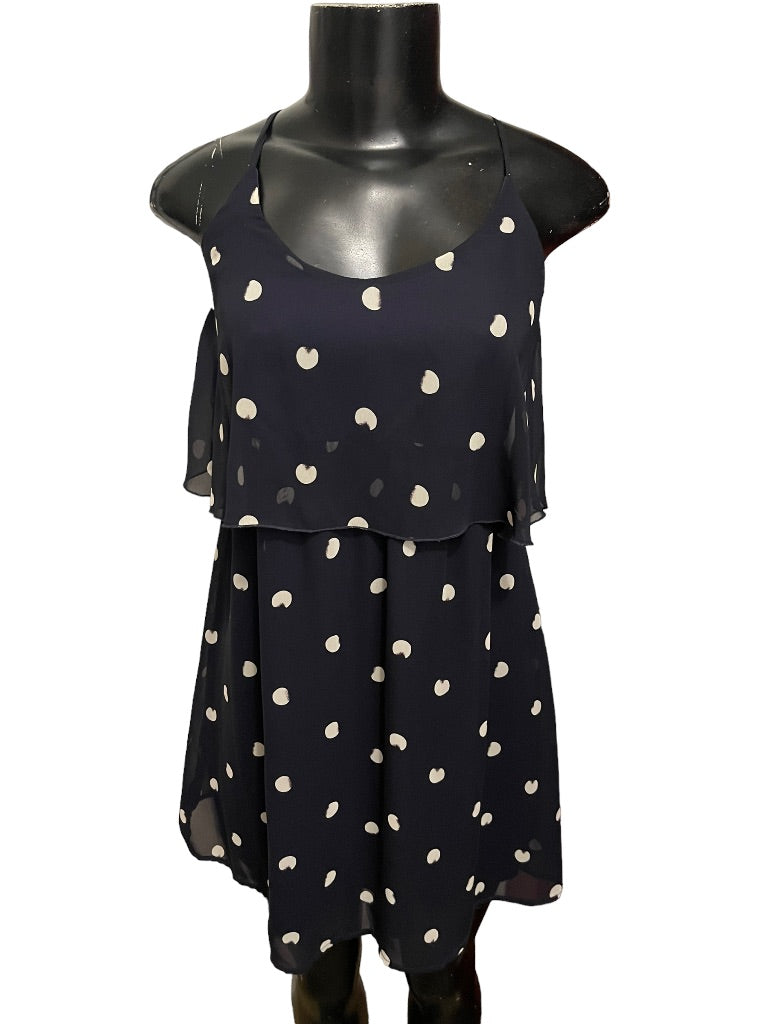 Small Dee Elle Nordstrom Polka Dot Ruffle LIned Spaghetti Strap Dress Navy Blue