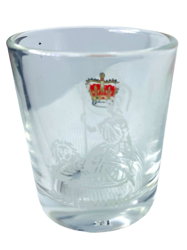 Souvenir Shot Glass Crown Brittania Clear Barware 2"h x 1.5" top diameter