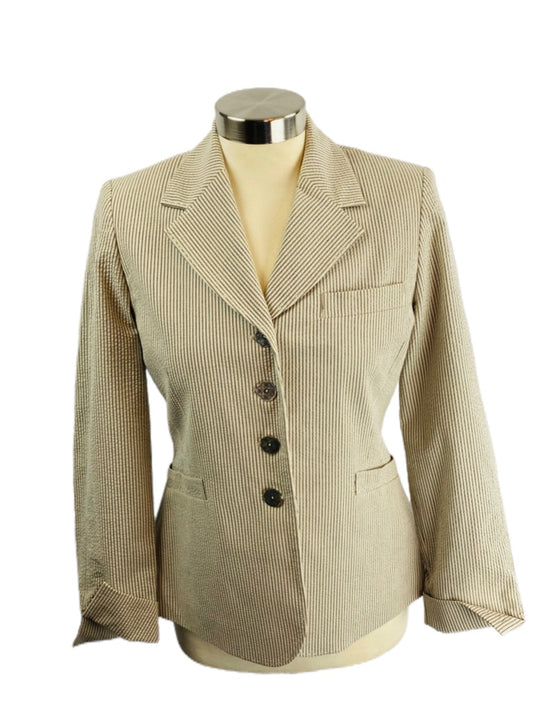 4 AK Anne Klein Stretch Women's 3 Button Lined Tan Seersucker Blazer