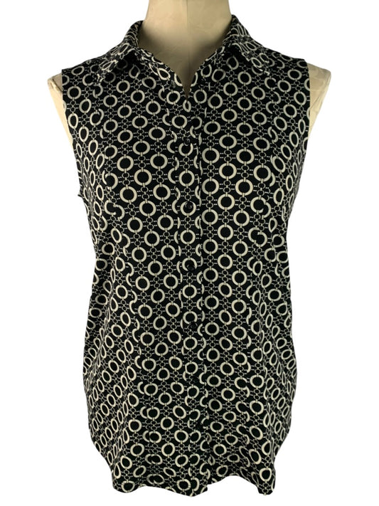 XS Kasper Women's Stretch Sleeveless Button Up Blouse Black White Print