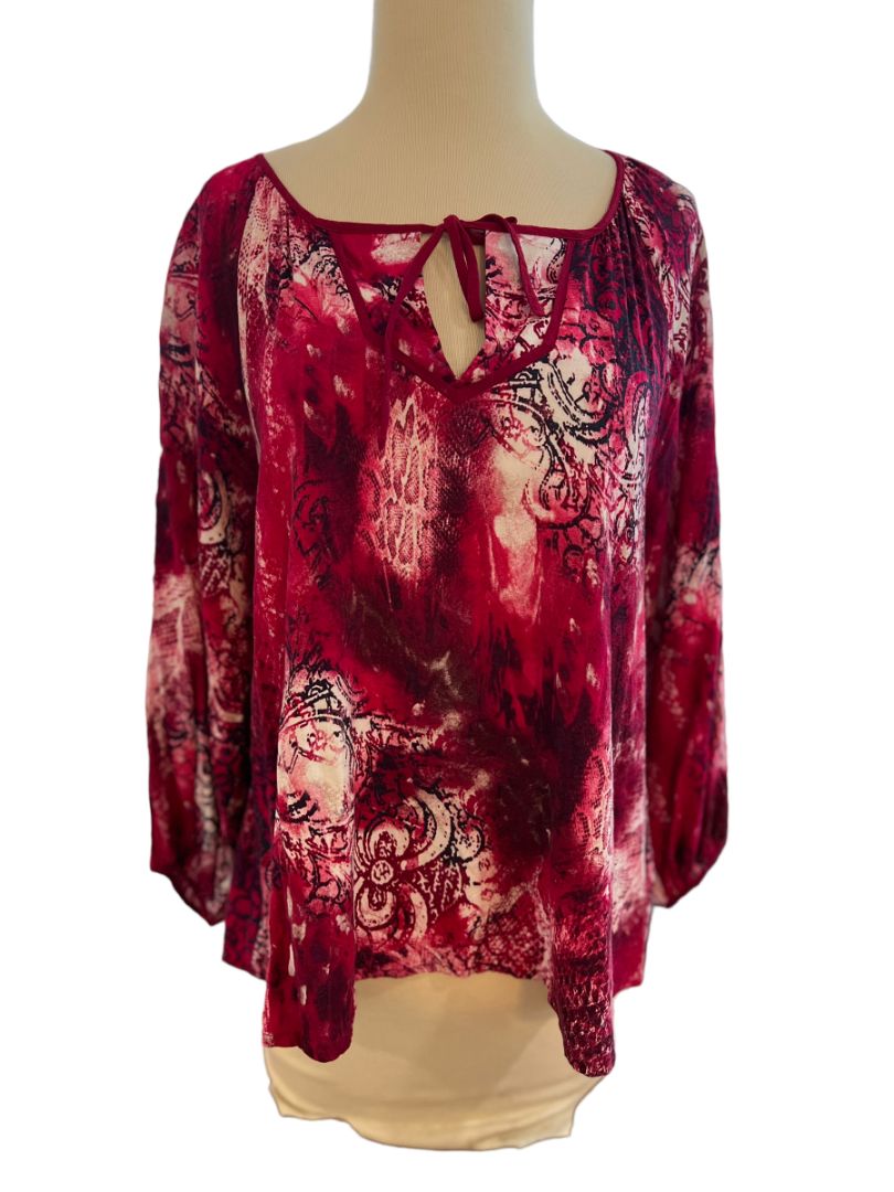 Large Ariat Pink Tie Neck 3/4 Sleeve Blouse