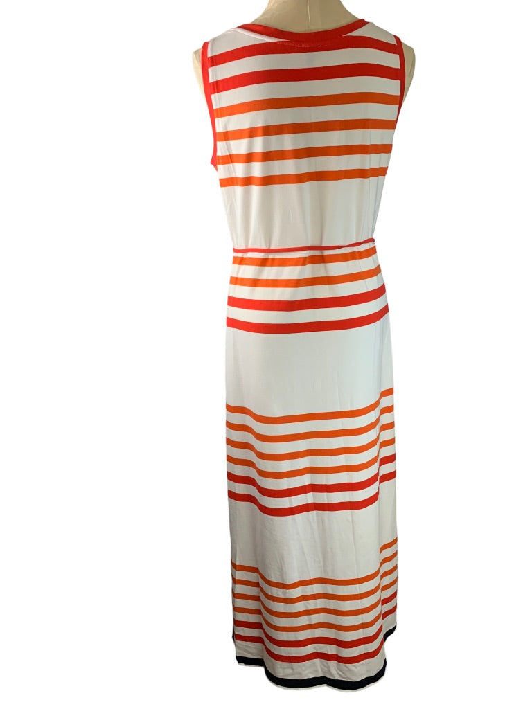 Large Talbots Orange White Soft Knit Striped Sleeveless Maxidress Belted