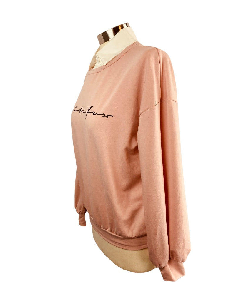 XS Shein Women's Pink Collared Sweatshirt Lightweight Layered Look