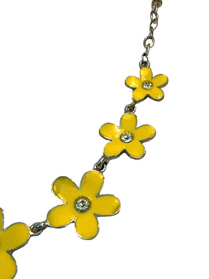 Silvertone Daisy Necklace Earring Set Yellow Enamel 21" - 24"