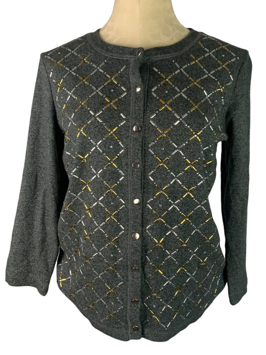 Large Rafaella Women's Gray Gold Silver Embellished Cardigan Sweater