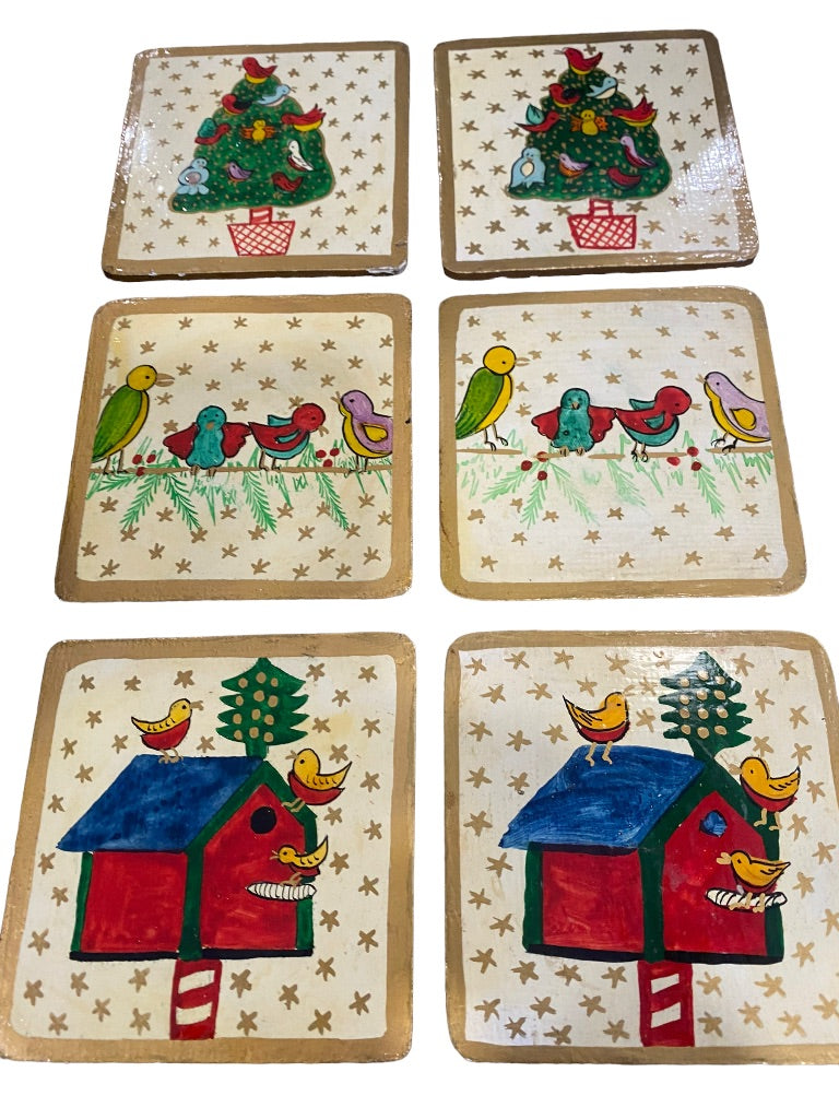 Foreside Painted Christmas Coasters Wooden Glossy Glaze With Box