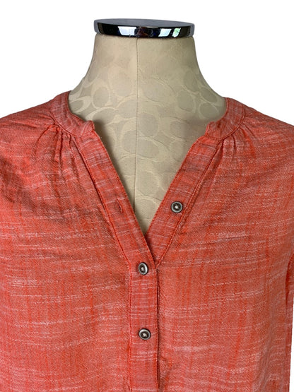 Small Caslon Women's Coral Popover Henley Blouse Slightly Sheer Raw Hem