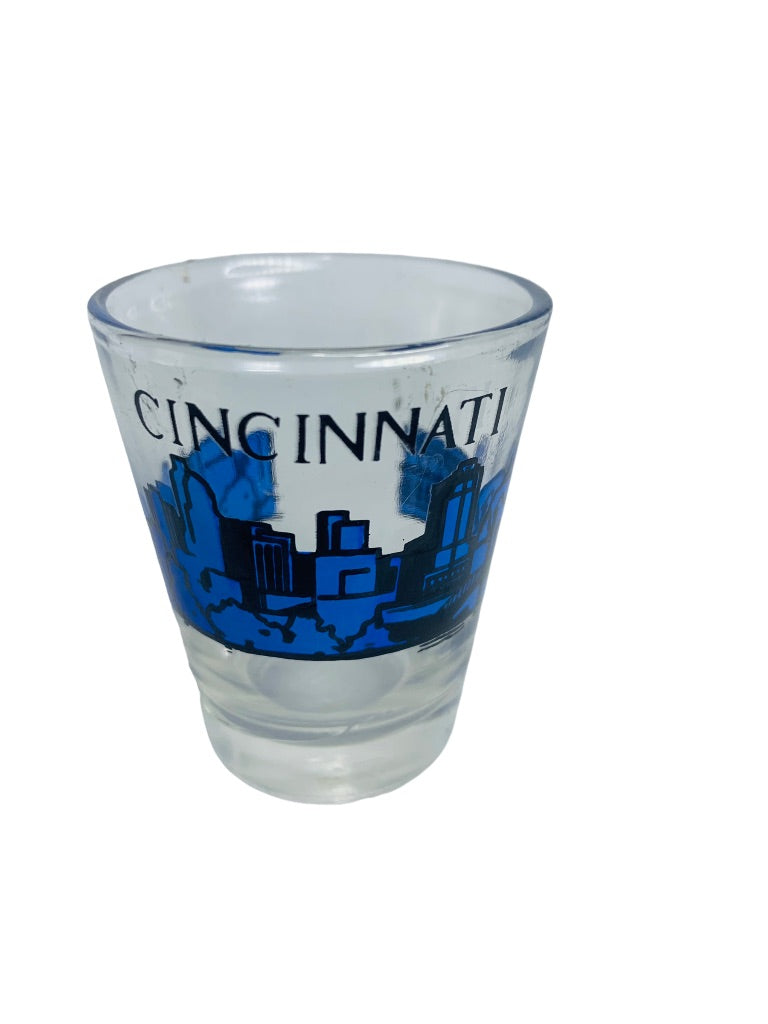 Cincinnati Souvenir Skyline Shot Glass Blue Barware Clear