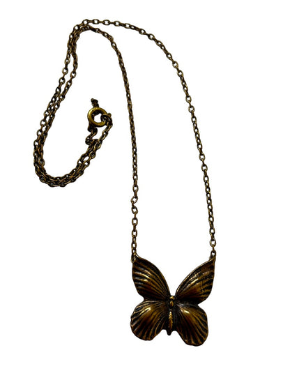 Antiqued Goldtone Butterfly Pendant Necklace 14" Chain Lobster Clasp