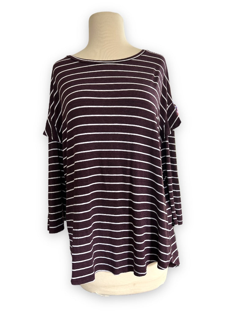 Large Dolan Anthropologie Plum Striped Long Sleeve Ruffle Blouse Shirt