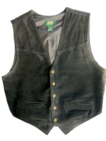 Medium Vintage Stefano Man Black Suede Snap Leather Vest Satin Back Mens