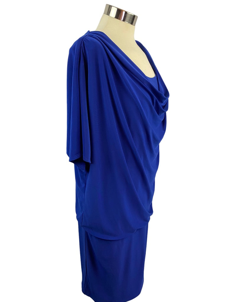 16 Dressbarn Women's Blue Drape Front Pullover Dress Short Sleeve Stretch Fabric