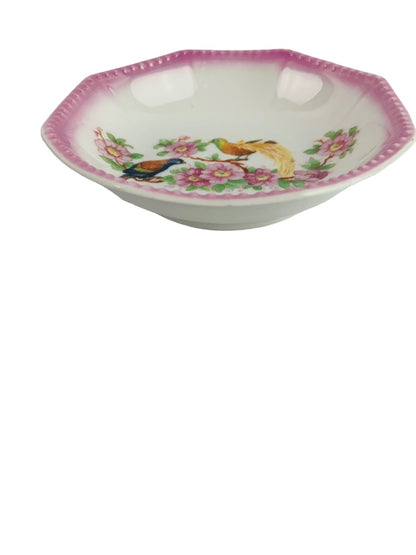 JK Unity Small Vintage Germany Bowl Pink Beaded Trim Bird Floral Design 4 3/4"d