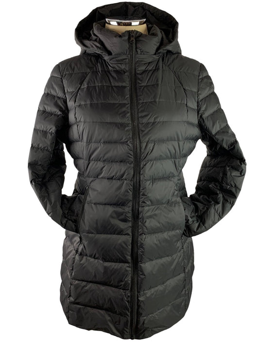 Small Oralay Women's Black Puffer Coat Below Hip Length Pockets Removable Hood