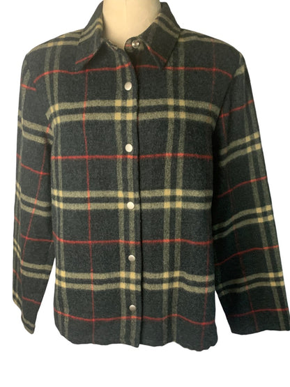 Large Lemon Grass Women's Gray Snap Up Wool Blend Plaid Jacket Shirt Y2K