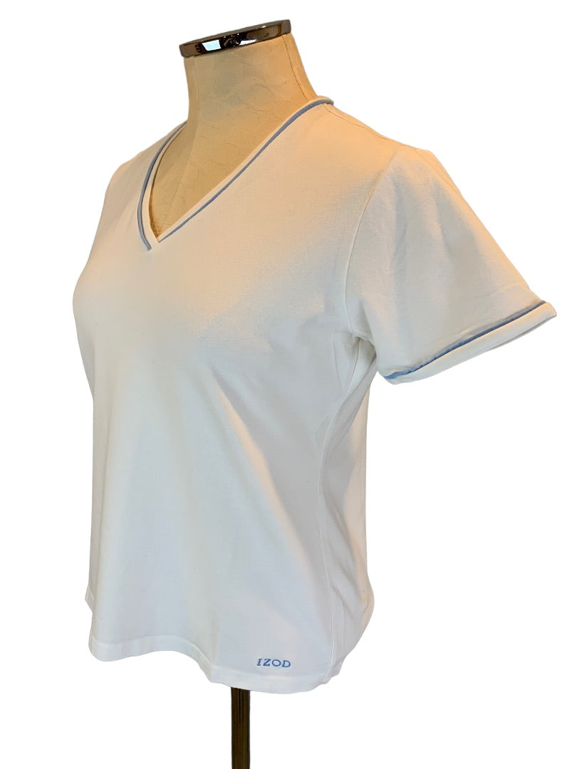 Medium Izod Stretch Vintage Y2K Women's White Golf Tshirt Blue Trim