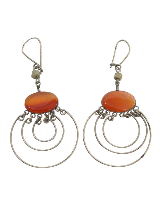 Silvertone Concentric Circle Earrings with Orange Stone Lightweight Wire Hook Pierced