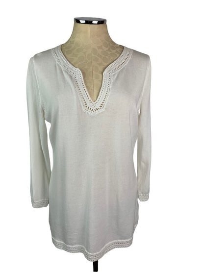 Large Banana Republic Women's White Sweater Crochet Trim V-Neck