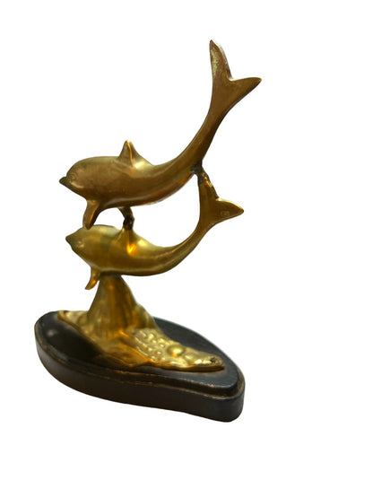 Brass Double Dolphin Porpoise Statue 6 1/4" Tall Figurine India Wood Base