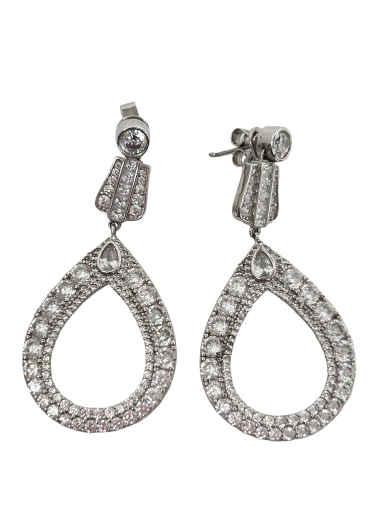 Rhinestone Teardop Earrings Silvertone 2" Drop Dangle Post Pierced Earrings