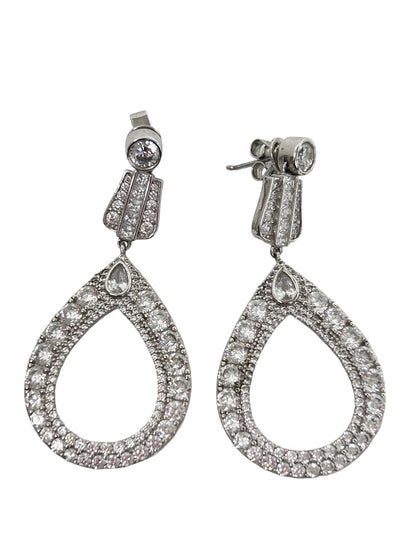 Rhinestone Teardop Earrings Silvertone 2" Drop Dangle Post Pierced Earrings