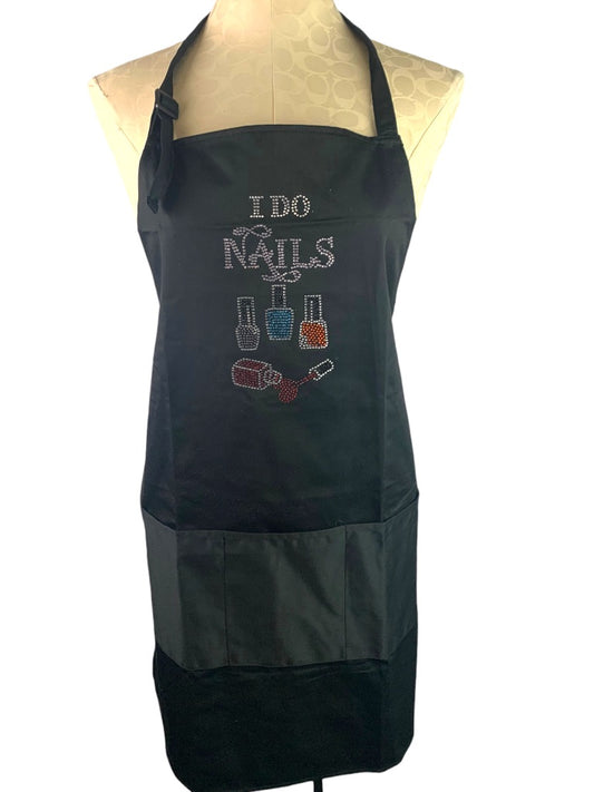 Plum Hill Nail Manicurist Black Full Apron Pockets "I Do Nails" Embellished