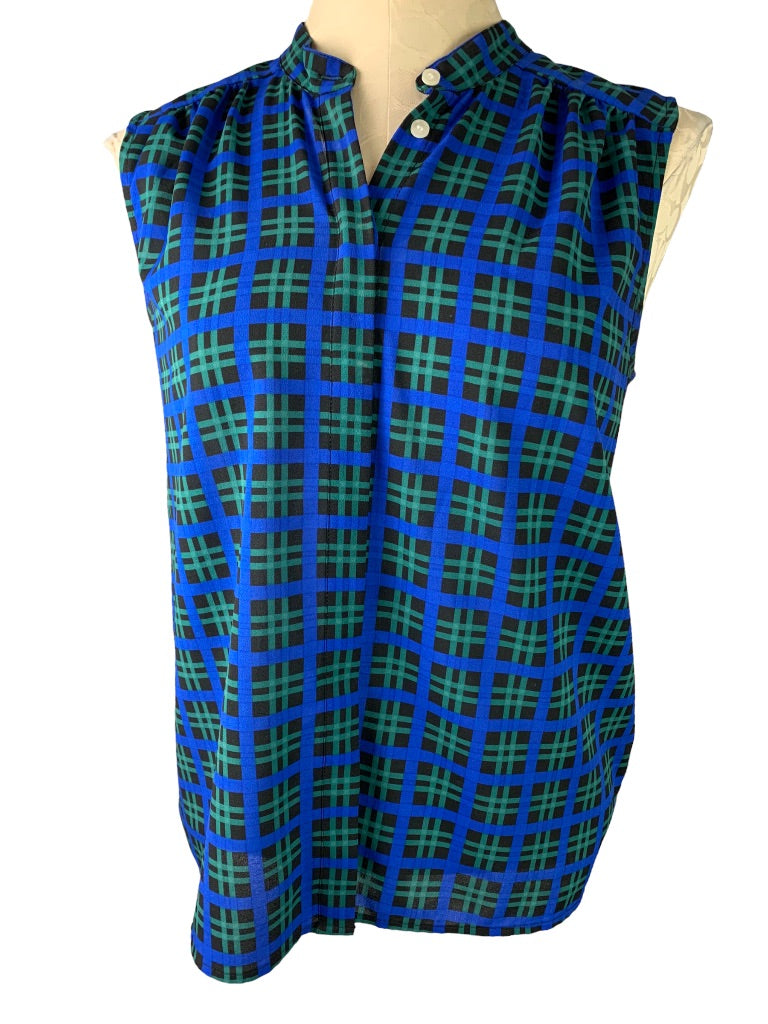 6 J.Crew Women's Sleeveless Blue Plaid Blouse Button Up Sheer Style#G2249