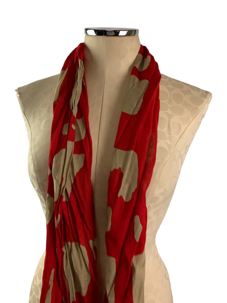 Lightweight Scarf Raw Edge Red Tan Print 18" x 74"