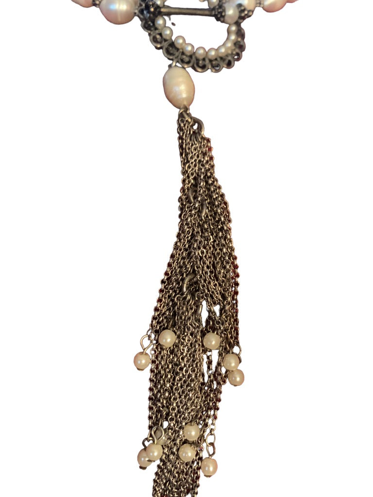 Double Strand Faux Pearl and Freshwater 20" Toggle Clasp Tassel 7"