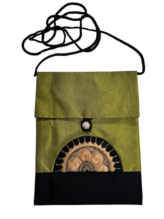 Green Gold Silky Crossbody Travel Bag Embroidered Dressy 6" x 8"