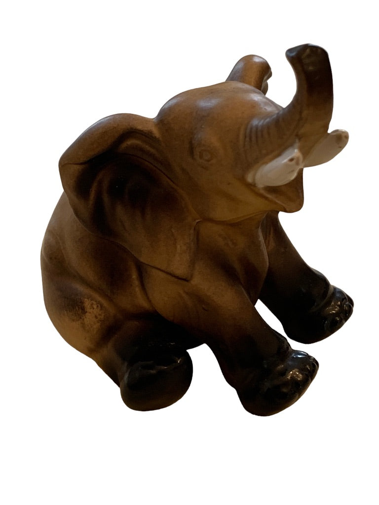 Vintage Lefton Elephant With trunk up Brown white black # H6980 3 3/4"