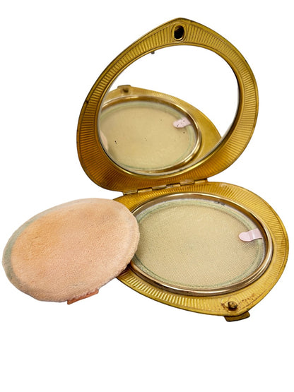 Vintage Shell Shape Heart Makeup Compact Goldtone Mirror Puff 4" x 4"
