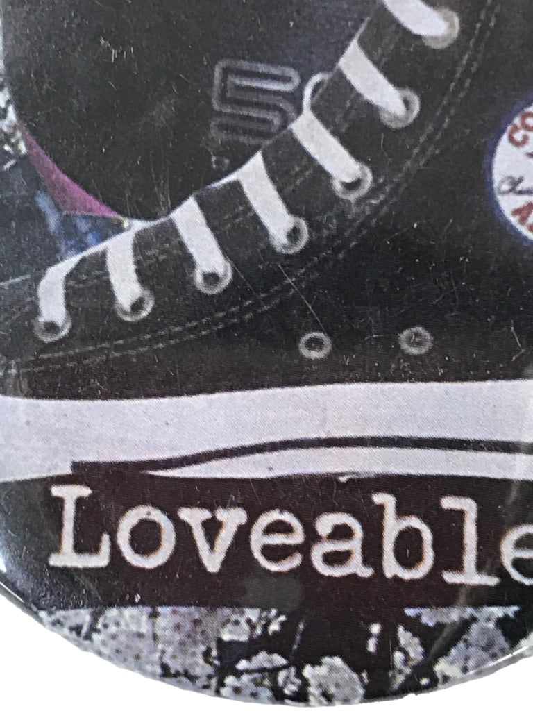 Vintage Pinback Button "Loveable" Converse Picture Swoosh 2 1/4" Diameter