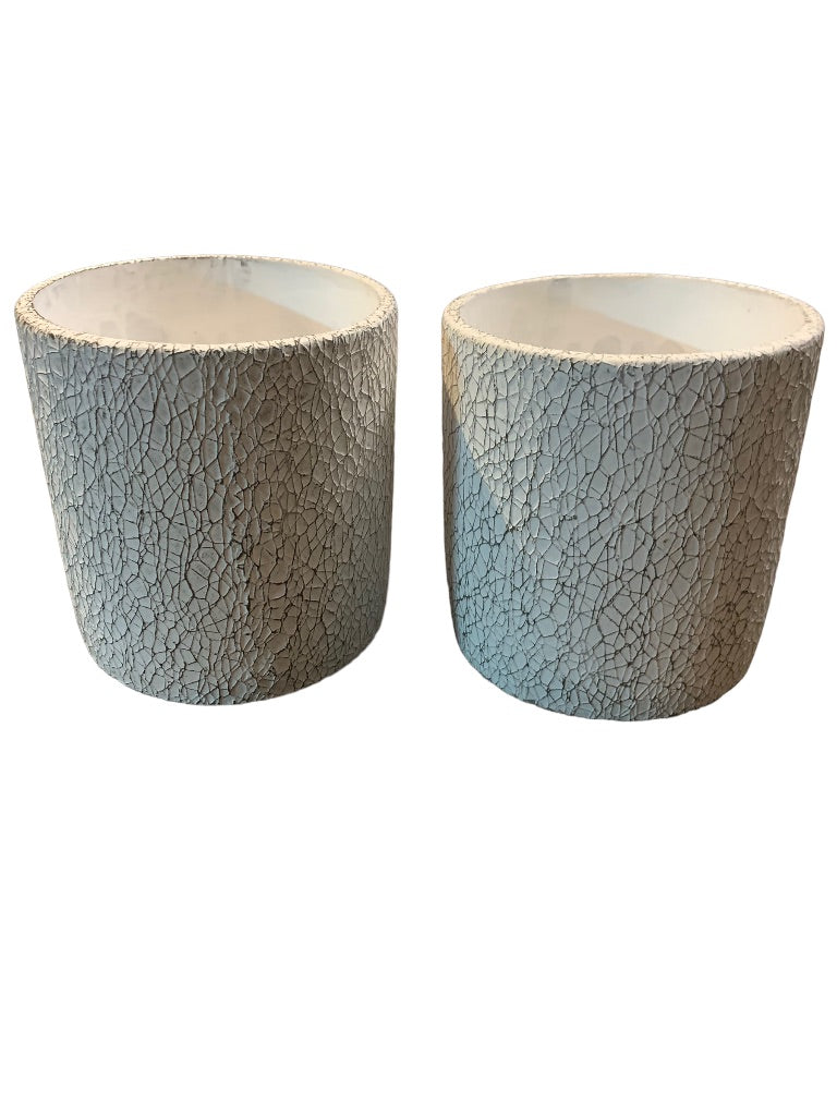 Set of 2 White Ceramic Textured Planters New 5" Crackled Texture