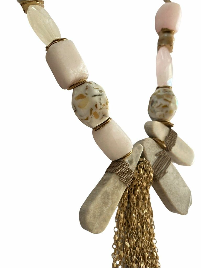 Anthropologie Multi Color Natural Stone Fringe Statement Necklace Gold Tassel