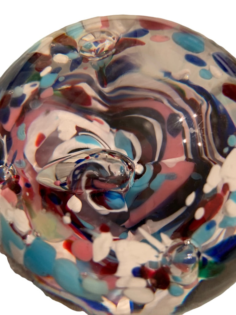 Heavy Glass Globe Paperweight Abstract Design Blue Purple White 3.5"d x 2.8"h