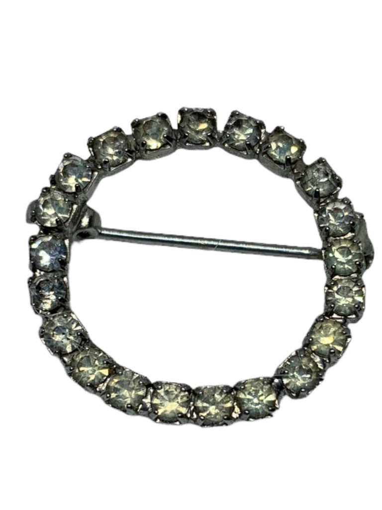 Vintage Petite Rhinestone Circle Brooch Pin 3/4" Diameter Silvertone