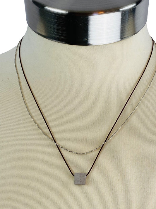 Delicate 18" Dual Strand Silvertone and Burgundy Necklace with Square Pendant