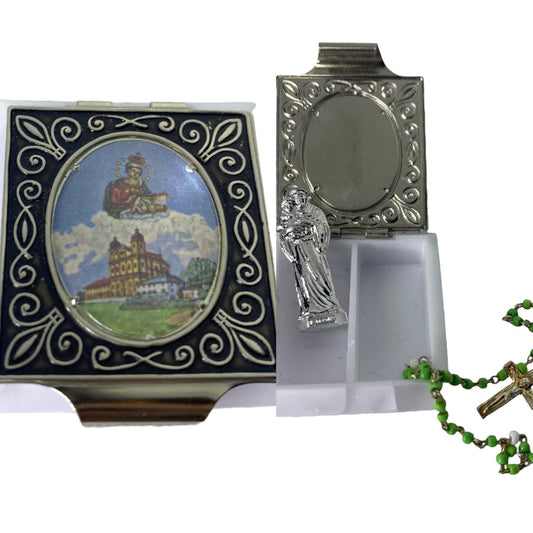 Vintage Travel Rosary with Box and St. Anthony Figure Plastic 1.5" Square